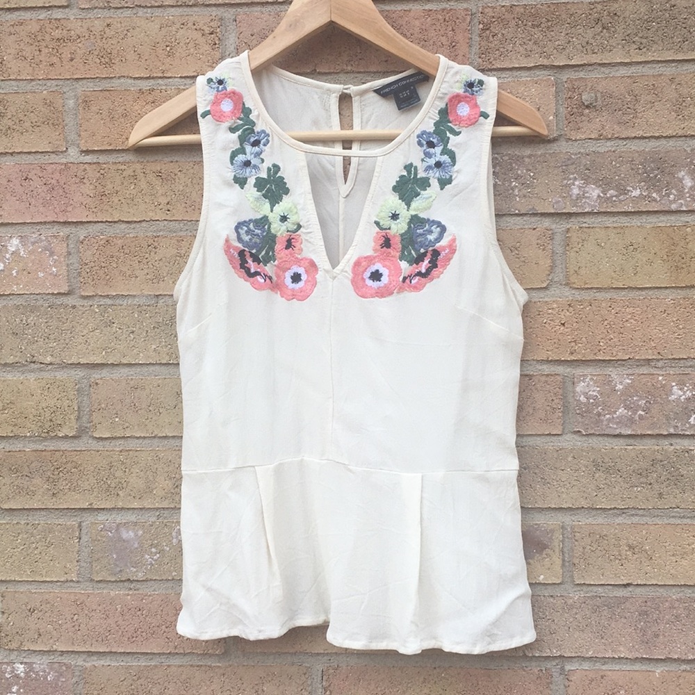 French Connection cream top w/ floral embroidery